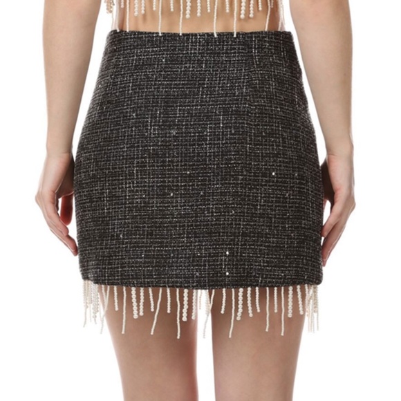 Lush Tweed Pearl Hem Mini Skirt (Small) Black - Picture 2 of 5